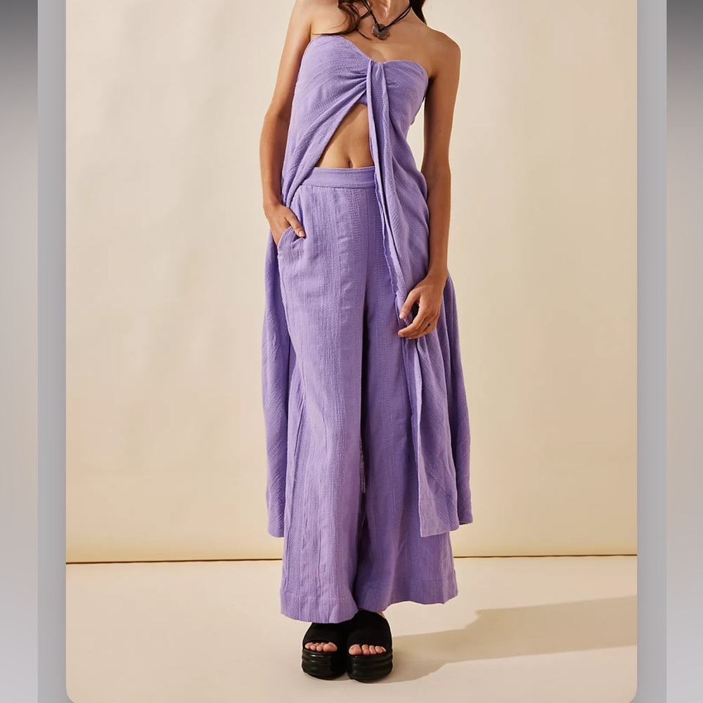 Free People Banita Pant Set Linen Cotton Split Top Wide Leg High-Waisted Purple